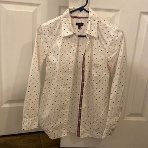 Talbots long sleeve button blouse. Small dots blue, light blue and red.